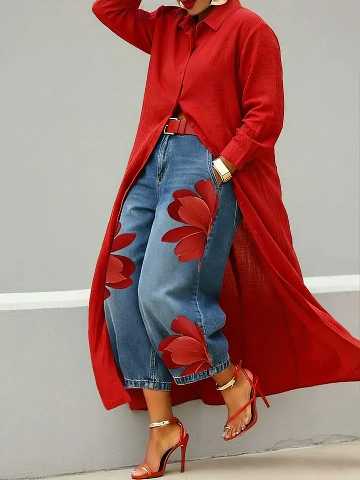 Maud™ | Shirt Dress and Floral Jeans Ensemble