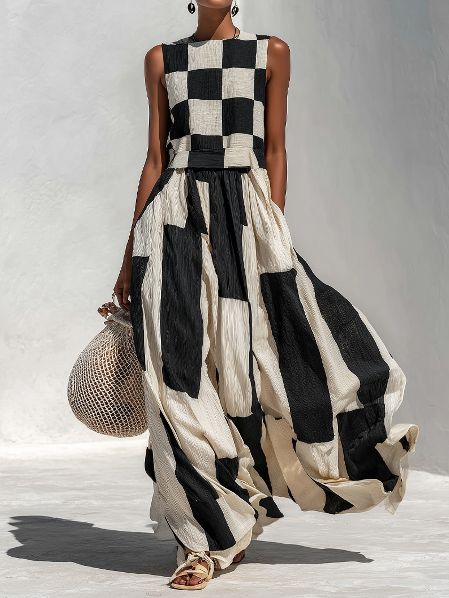 Celeste™ | Plaid & Stripe Panel Sleeveless Maxi Dress
