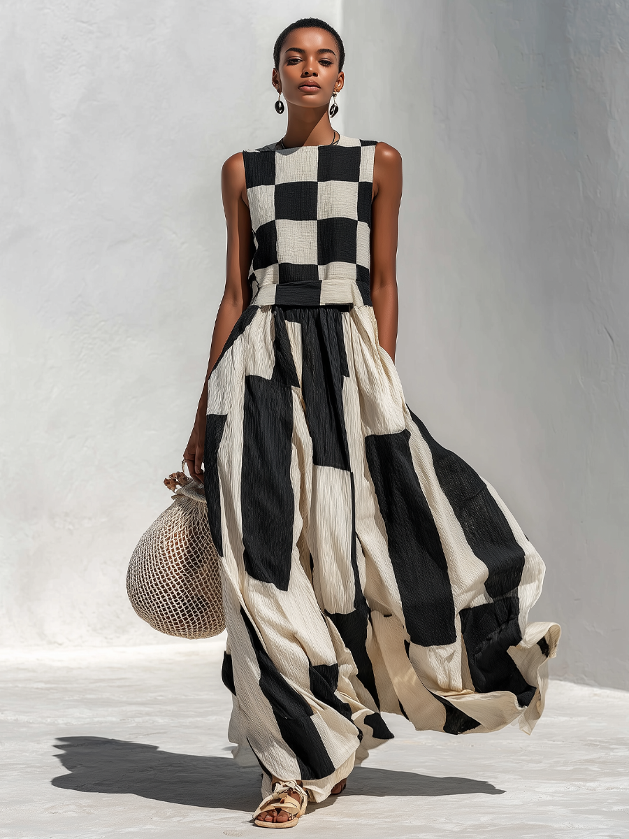 Celeste™ | Plaid & Stripe Panel Sleeveless Maxi Dress