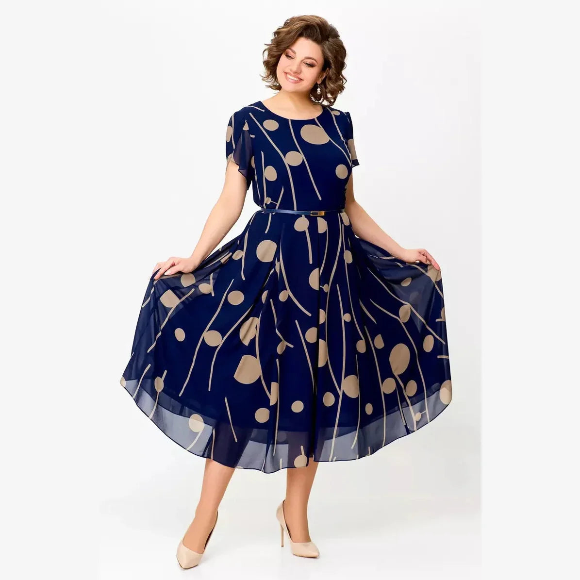 ISABELLE | NAVY POLKA DOT PRINT CHIFFON MIDI DRESS