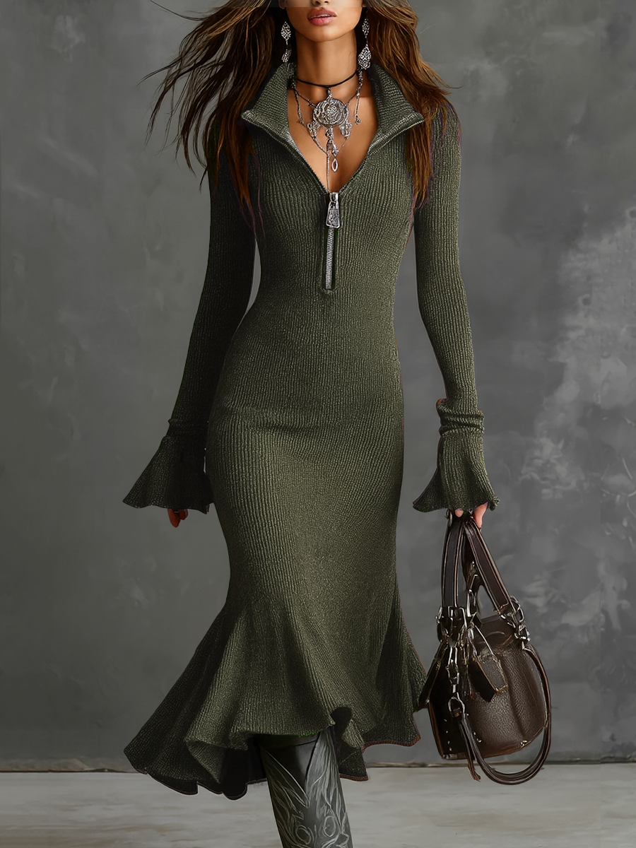 Danella™ Retro Zip Neck Knit Midi Dress