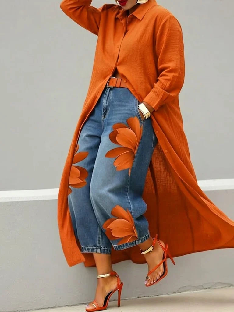Maud™ | Shirt Dress and Floral Jeans Ensemble