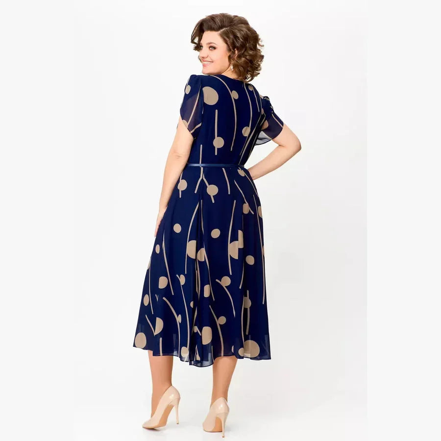 ISABELLE | NAVY POLKA DOT PRINT CHIFFON MIDI DRESS